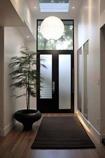 Hall d'entrée lumineux avec une porte en verre et un éclairage suspendu