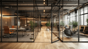 Une porte intérieure en verre ouverte dans un open space
